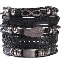 Hip Hop Vyriška Odinė Apyrankė Gotikinė Punk Kaukolės Karoliukų Papuošalas Juoda Kombinacija Rankomis Austa Gatvės Papuošalų Aksesuarai Leather Bracelet Set gray