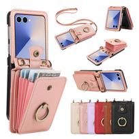 Crossbody Long Lanyard Organ Card Bag Ring Leather Phone Case for Samsung Z Flip 8 7 6 5 4 3 Shockproof Stand Slim Fit Cover Galaxy Z Flip5 rožinė