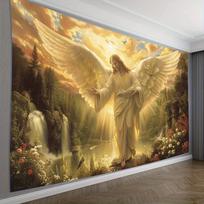 Žavingas Dangaus Šviesos Sienos Gobelenas, Angeliška Figūra Gamtos Scena Dizainas Minkšta Kabinama Dekoracija Puiki Dovana Tikėjimo Ramybės Mėgėjams 150x100cm beige