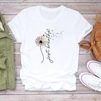 (Asian Size) Tee Top Clothing Dandelion Flower Letter Trend Cute Short Sleeve Women Print Lady Female Fashion Tshirt Casual Graphic T-shirt S gray
