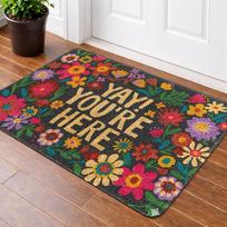 1pc 2D Flat Printing Velvet Material Door Mat, Outdoor Courtyard Door Mat,  YAY! YOU'RE HERE  Floral Floor Mat, Durable And Machine Washable, Suitable 40X60CM beige