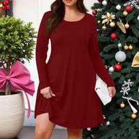 Plus Size Women's -Colour Casual Dress Spring Pocket Round Neck Long-Sleeved Dress XXXXXL