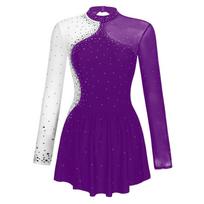 Moterims Blizganti Cirkonio Figure Skating Suknelė Skaidrus Tinklelis Derinys Ilgomis Rankovėmis Aukštu Kaklu Pasiruošimo Suknelė L violetinė