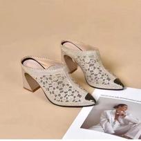 Summer Sandals Women's Thick-heeled Breathable High-heeled Hollow Mesh Rhinestone Pointed Half-drag 42 auksas