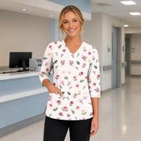 Women's Floral Print V-Neck Scrub Top with Pockets and Side Slits, 3/4 Sleeve Uniform XL rožinė