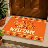 2D Flat Printing, Cute Sleeping Cat  Welcome  Entrance Doormat, Fun Machine-Washable Mat with Dotted Plastic Backing, Suitable for Indoor and Outdoor 40X60CM beige