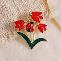 Alloy Enamel Ladybug & Tulip Brooch - Japanese Mori Style Floral Pin Jewelry red