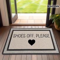 Flannel Door Mat with  Shoes Off   Text & Heart Design, Anti-Slip Absorbent Floor Rug for Entryway & Bathroom, Machine Washable 40X60CM white