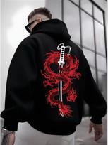 1. Men's Red Dragon Katana Graphic Hoodie Long Sleeve Pullover Hooded Sweatshirt, Oriental Streetwear Loose Fit Hoodies XXXL white