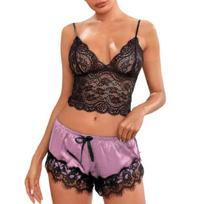 Moterų pižamos rinkinys Nėriniai pižamos viršus Satino šortai su juodu šilko kaspinėliu ir nėriniuota apdaila Seksualus nėrinių camisole rinkinys moterims Namų miego drabužiai Dovana S black