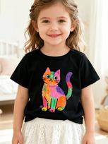 Funny Vibrant Multicolor Cartoon Cat Pattern Kids Short Sleeve T Shirt Casual Round Neck Summer Outfit For Boys And Girls 160 beige