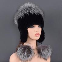 Natural Fur Hat For Women Real Mink Fur and Fox Fur Handmade Winter Female Cap Genuine Fur Lined Beanies Big Fox Fur Pompom Hats One Size black