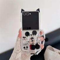 Mickey Mouse Pluto Katės Ausies Skaidrus Telefono dėklas Su Perlo Pūkuuku Dirželiu Samsung Galaxy Z Flip 3 4 5 6 7 INS Mielas Atsparus Smūgiams C Galaxy Z Flip7
