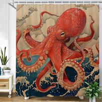 Japanese Ukiyo-E Octopus Shower Curtain – Vibrant Art, Intricate Tentacles, Expressive Eyes & Dynamic Waves, Polyeste, W90H165(CM)-1 Pcs