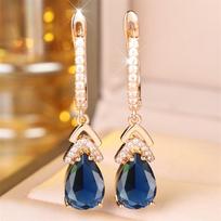 Aqua Blue Crystal Water Drop Stone Pendant Hoop Earrings For Women Multicolor Zircon Gold Color Ear Buckle Wedding Jewelry Gifts mėlyna