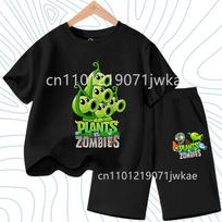 Children's Plants Vs. Zombies Short-Sleeved T-Shirt Set Cotton Summer Fashion Comfortable Top+pants for Boys and Girls 160 black