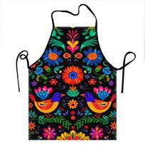 Mexican Style Apron Black Color Vibrant Floral And Bird Multicolor Flowers Leaves Pattern For Cooking And Kitchen Use Aprons 55x68cm