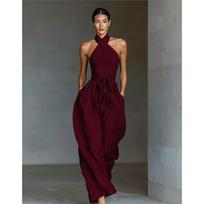 Women Halter Neck Cross Front Jumpsuit Solid Color Waist Tie Pocket Loose Fit Palazzo Jumpsuit S bordinė