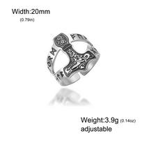Viking Mjolnir Thor's Hammer Rune Ring Stainless Steel Norse Amulet Adjustable Open Ring Vintage Celtic Wolf Totem Jewelry resizable gray