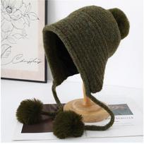 Korean Hairball Strap Solid Color Double-Layer Knitted Bomber Hat Women Simple Casual Versatile Cute Wool Pompom Beanie Cap 56-59cm black
