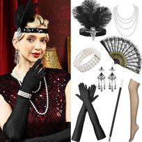 1920-ųjų Flapper plunksnų galvos juosta, perlų vėrinys, apyrankė, auskarai Rinkinys Aštuonių dalių Vintažinio stiliaus aksesuarai kostiumų vakarėliui One Size beige