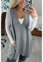 Autumn-Winter Solid Color V-Neck Pocket Knit Vest Sweater L gray