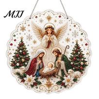 Pasidaryk pats žėrinčio Kalėdinio meno Faux perlo tapybos saulės gaudyklės rinkinys, 3D Betliejus/Kalėdų Senelis/Paukštis/Medis Šventinės lango kabinamos dekoracijos karoliukai M F beige