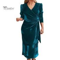 Commuting Dress Women Autum Spring Cross V Neck Solid Color Lace-up Tight Waist Loose Fit Velvet Mid-calf Length Long Sleeves Pleated Dating Midi XL black