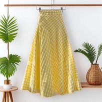 Spring Summer Skirt Dopamine Yellow Waist Plaid Design Long Skirt for Women XXL beige