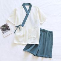 Japoniško stiliaus Hanfu Kimono Pižama Moterims Miego Drabužių Rinkinys Šviežių Spalvų Medvilnės Siūlų Krepas Trumpomis Rankovėmis Šortai Namų Kostiumas L žalia