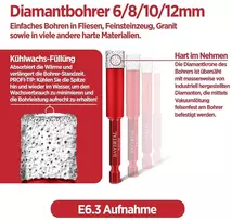 Grąžtas Deimantiniai grąžtai plytelėms ir stiklui: 6, 8, 10, 12 mm + 6 mm