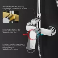 Rainsworth dušo sistema su chromo detalėmis, lietaus dušas su žalvario detalėmis, 25 cm lietaus dušas, 3 srovių tipų dušo galvutė, pilnas dušo komplektas, dušo rinkinys