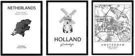 Posteriu ir paminklų šalių rinkinys. Amsterdamo miesto žemėlapis, Nyderlandų Kinderdijk paminklo žemėlapis. A3 formatas