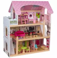 Melissa & Doug Medinis lėlių namelis Melisa su priedais, 3 aukštų, balkonas, baldai, rožinis