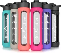 Gertuvė Be-active stiklinis butelis, be Bpa, 700 ml, sportinis borosilikatinio stiklo vandens butelis su silikoniniu dangteliu, sportinis butelis