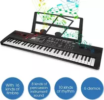 Wakects nešiojamas skaitmeninis pianinas su natų stovu, įkraunama pianino klaviatūra, 61 klavišas, 16 garsų, 8 garso efektai, 10 ritmų, 6 demonstracinės dainos, reguliuojamas ritmas ir garsumas