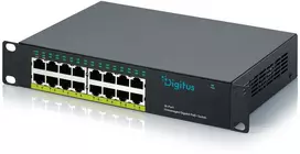 Šakotuvas Digitus 10" gigabitinio 16 prievadų nevaldomas PoE+ komutatorius (120 W), nevaldomas, 2,5G Ethernet (100/1000/2500), Power over Ethernet (PoE), montuojamas į stelažą, darbalaukio