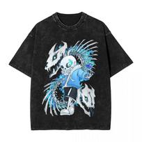 Undertale Sans Gaster Blaster Graphic T‑Shirt Men Vintage Washed Indie Game Print Short Sleeve O‑Neck Casual Tee Streetwear Tops L black