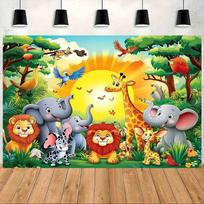 2Dflat1: A vibrant jungle-themed party banner featuring wild animals such as elephants giraffes and lions. 118×59inch/300*150cm