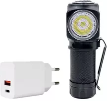 PNI Adventure F75 priekinis žibintuvėlis su 6W LED, 600 lm, pagamintas iš aliuminio, su baterija ir PNI CHG300 maitinimo adapteriu su USB C prievadu, QC3.0, PD3.0, PPS ir USB-A prievadu, 30W