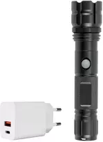 PNI Adventure F10 aliumininis žibintuvėlis su 6W LED, 500lm, iki 200m fokusavimu, su baterija ir PNI CHG300 maitinimo adapteriu su USB C prievadu, QC3.0, PD3.0, PPS ir USB-A prievadu, 30W