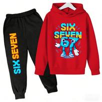 2026 New Spring Steal a Brainrot Tracksuit 67 Six Seven Print Kid's Clothes Hoodie+Pants Suit 2pcs Set Boy Girl Children 160 black