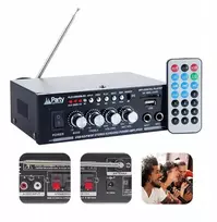 Muzikinis centras Stiprintuvas karaoke Usb Sd bluetooth Fm radijas 2x mikrofono įėjimai nuotolinio valdymo pultas