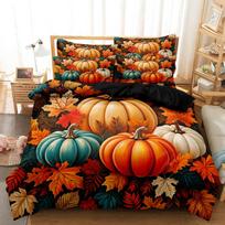 3 Pieces Vibrant Fall Harvest Pumpkin Print Duvet Cover Set, Multi‑Colored Pumpkins & Autumn Maple Leaves Pattern Bedding 135x200cm(53x79inch)&set