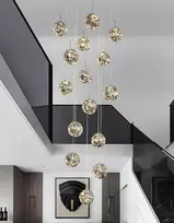 Kinbolas pakabinamas šviestuvas su 15 stiklinių burbulų, modernus reguliuojamo aukščio sietynas laiptams, koridoriui, su Led laidu 4000 K - 60 x 300 cm, pilkas pakabinamas šviestuvas