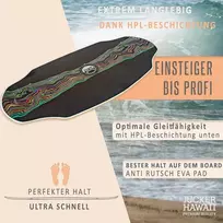 Jucker Hawaii Skimboard – profesionalus skimboardas su Hpl danga, neslystančiu paviršiumi, itin greitas, ypač tvirtas ir patvarus, atlaiko iki 115 kg – nuo pradedančiųjų iki profesionalų