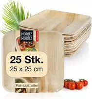 Moritz & Moritz 25x vienkartinės lėkštės iš palmių lapų - kvadratinės vienkartinės lėkštės 25x25 cm - biologiškai skaidžios kompostuojamos ekologiškos vienkartinės lėkštės - kaip bambukinės lėkštės, medinės lėkštės, popierinės lėkštės