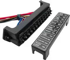 Aiqeer 12 krypčių automobilio saugiklių dėžutė, 2 įėjimų 12 išėjimų plokščių saugiklių blokas, automobilio saugiklių laikiklis su iš anksto prijungtais laidais ir 10 standartinių plokščių saugiklių pakuotė (12 V / 24 V / 32 V / 48 V universalus)