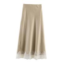 Moterims Madingas Vienspalvis Nėrinių Šoninis Kraštas Klostuotas A formos Midi Sijonas Vintažinis Aukštas Elastingas Juosmuo Moteriškas Chic Lady Sijonai L beige