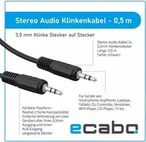 Ecabo 10003 stereo audio jack kabelis 3.5 mm male į 3.5 mm male - aux kabelis automobilių radijoms, mp3 grotuvams, imtuvams, kompiuteriams, nešiojamiems kompiuteriams, 0.50 m, juodas